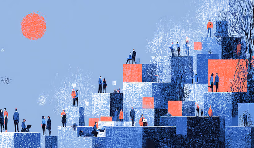 People positioned across stacked geometric platforms, representing business growth stages, collaboration, and layered digital strategy development.