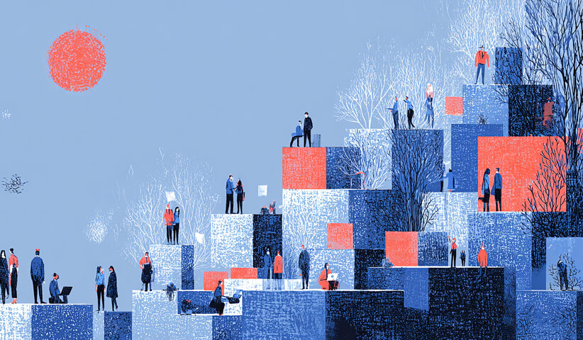 People positioned across stacked geometric platforms, representing business growth stages, collaboration, and layered digital strategy development.