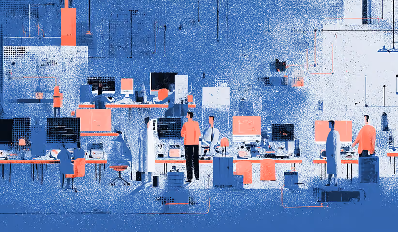 Large collaborative office environment with interconnected workstations and creative professionals, representing enterprise-level Webflow agencies and integrated digital production teams.