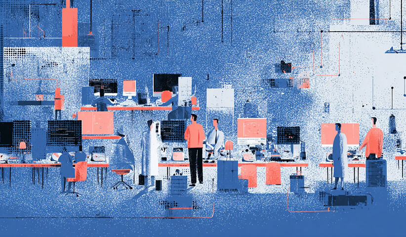 Large collaborative office environment with interconnected workstations and creative professionals, representing enterprise-level Webflow agencies and integrated digital production teams.