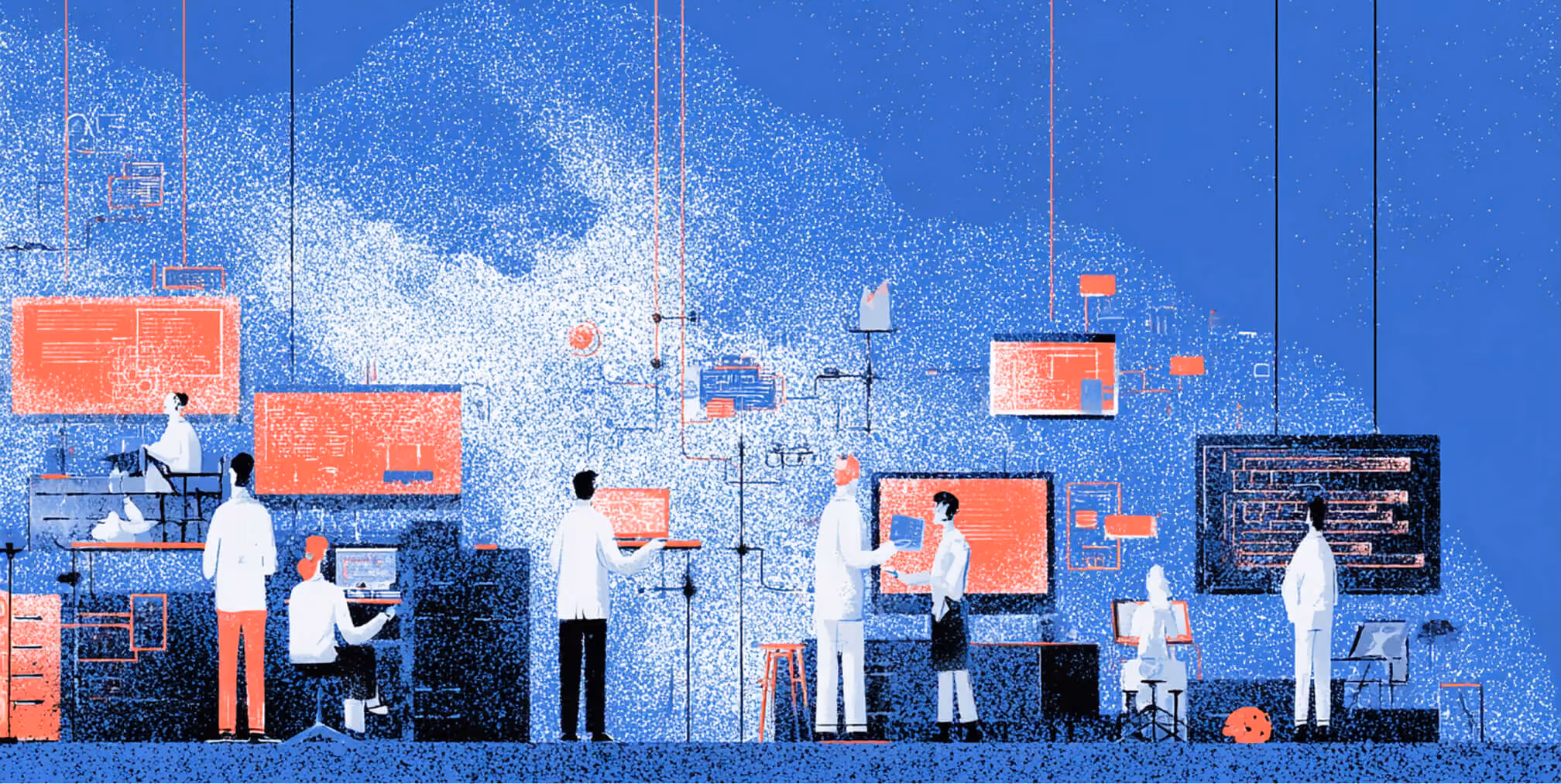 Technical team working across connected digital displays and software systems, representing advanced Webflow development, coding workflows, and collaborative problem-solving.