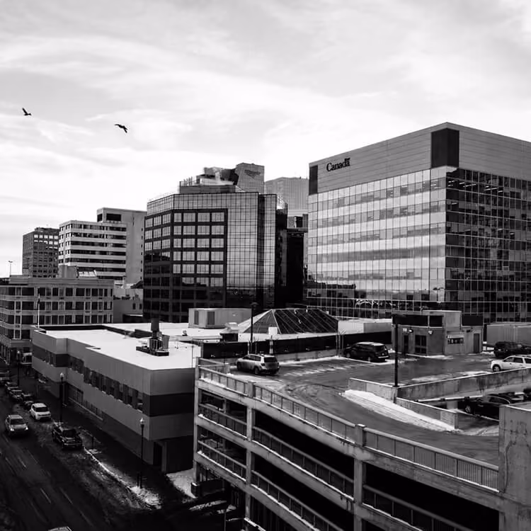 Modern office buildings and downtown commercial district in Regina, Saskatchewan.