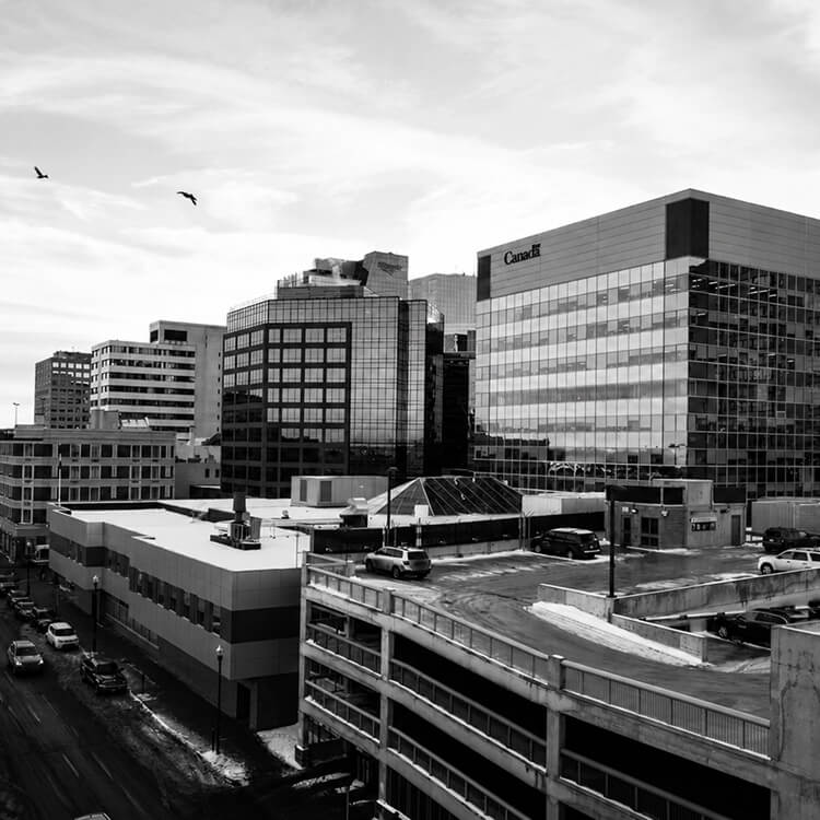 Modern office buildings and downtown commercial district in Regina, Saskatchewan.