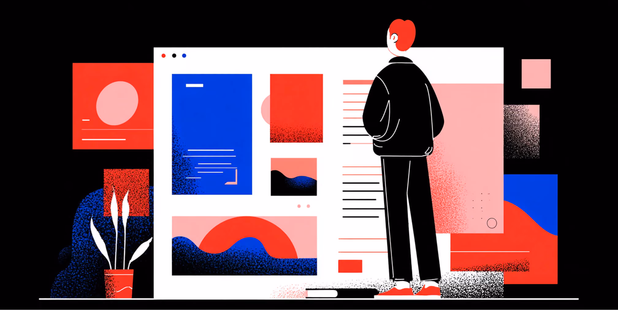 Designer reviewing a modular website interface and layout system, representing the relationship between Webflow visual design workflows and Bootstrap-inspired structure.
