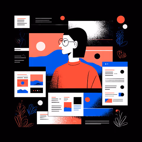 Creative developer surrounded by modular UI panels and interface layouts, representing responsive design systems, CMS structures, and Webflow content workflows.