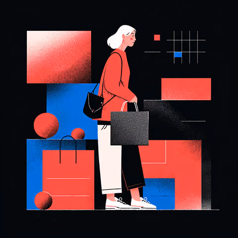 Shopper carrying retail bags within abstract geometric layouts, representing ecommerce UI design, user experience, and modern digital storefront development.