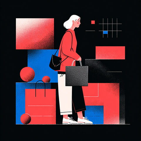 Shopper carrying retail bags within abstract geometric layouts, representing ecommerce UI design, user experience, and modern digital storefront development.