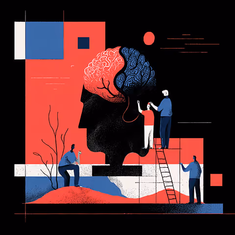 Conceptual illustration of teams shaping a human brain, representing strategic thinking, frontend frameworks, and problem-solving in modern web development.