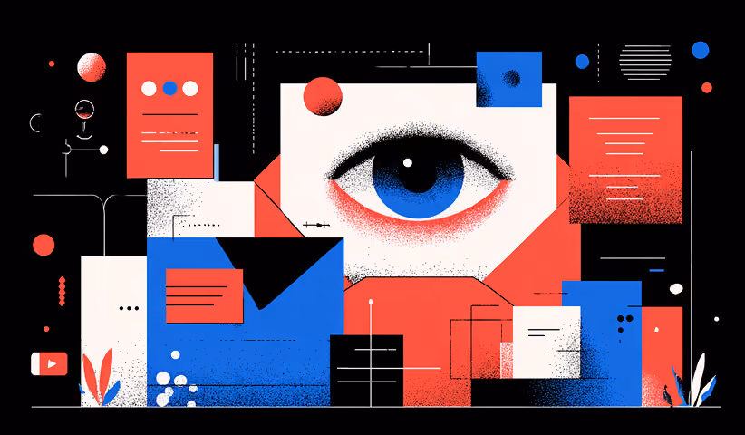 Large eye surrounded by interface components and content blocks, representing user experience analysis, accessibility, and interface visibility in web design systems.