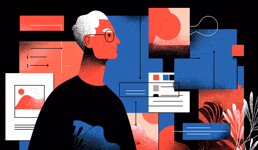 Abstract portrait surrounded by connected UI modules and design components, representing scalable frontend architecture and structured design systems.