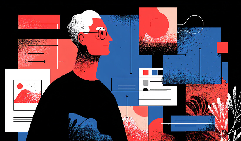 Abstract portrait surrounded by connected UI modules and design components, representing scalable frontend architecture and structured design systems.