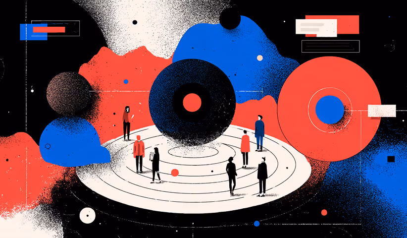 People standing around abstract circular systems and digital structures, representing collaboration, framework ecosystems, and interconnected frontend workflows.