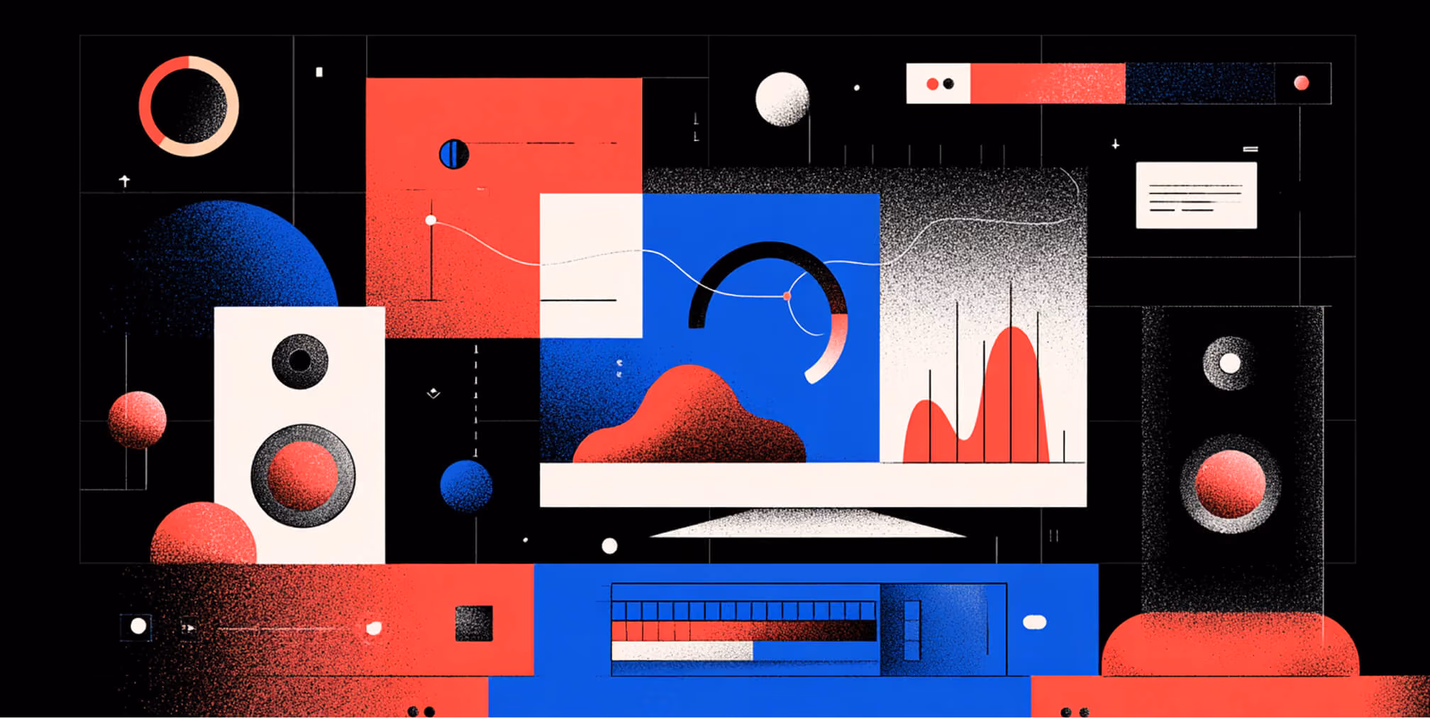 Abstract dashboard visualization with charts, interface panels, and geometric design elements, representing Bootstrap grid systems, responsive layouts, and frontend analytics.