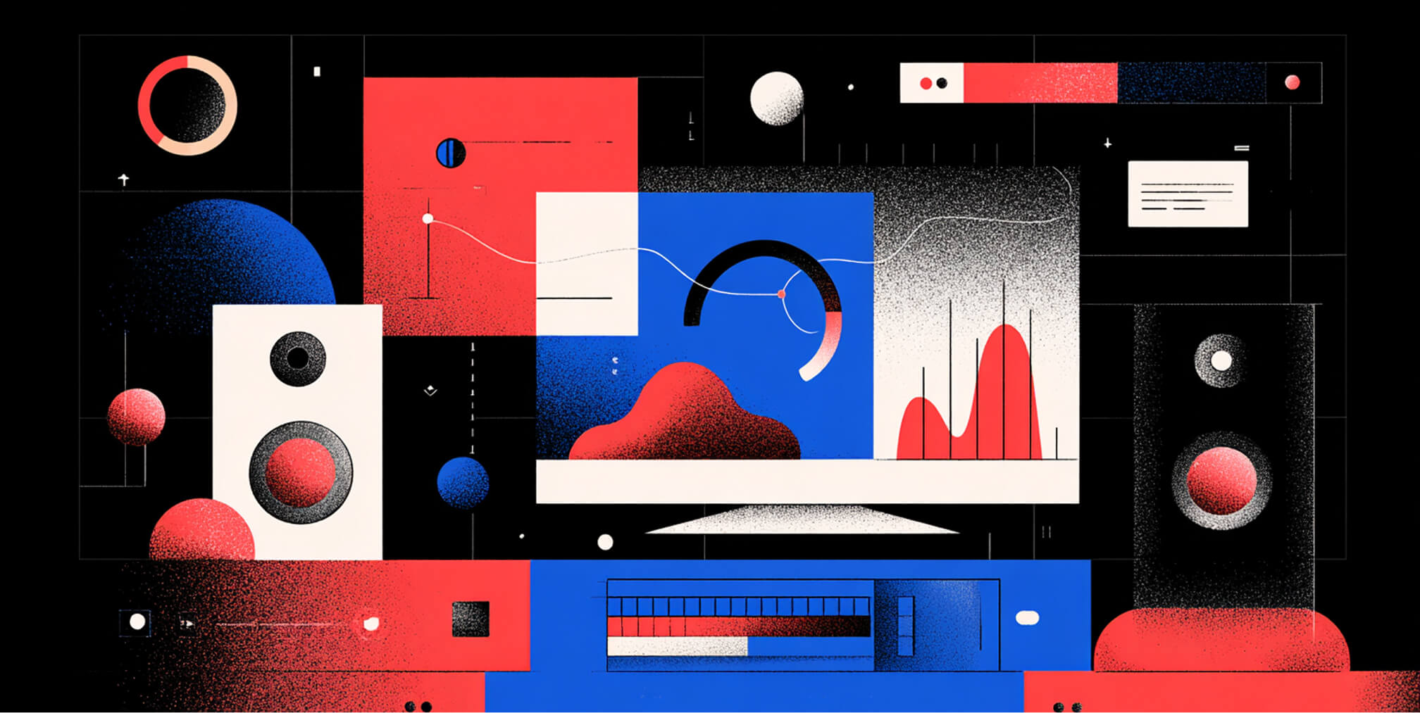 Abstract dashboard visualization with charts, interface panels, and geometric design elements, representing Bootstrap grid systems, responsive layouts, and frontend analytics.