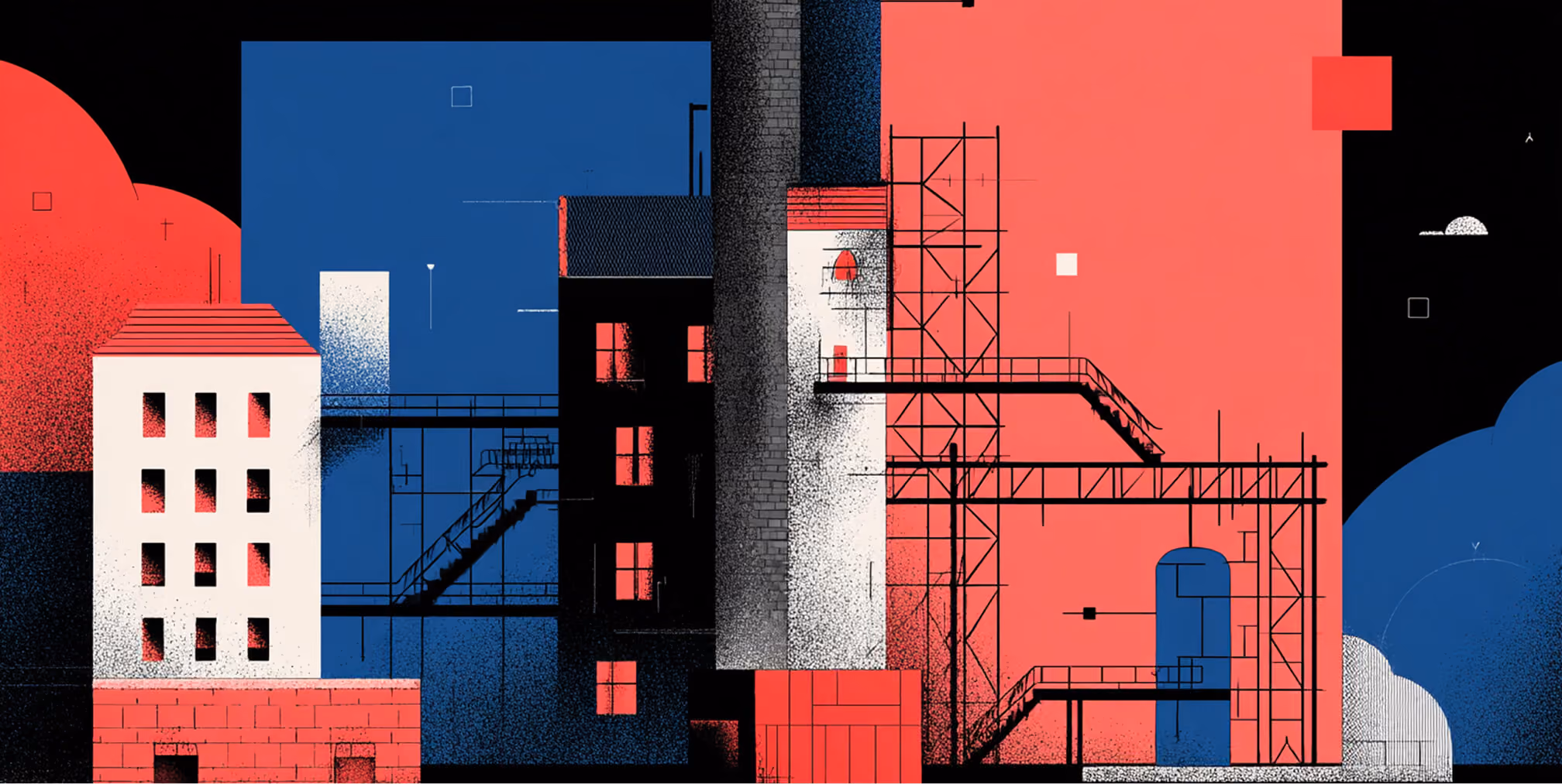 Architectural industrial composition with scaffolding and modular structures, representing the foundational framework systems behind scalable website development and responsive design architecture.