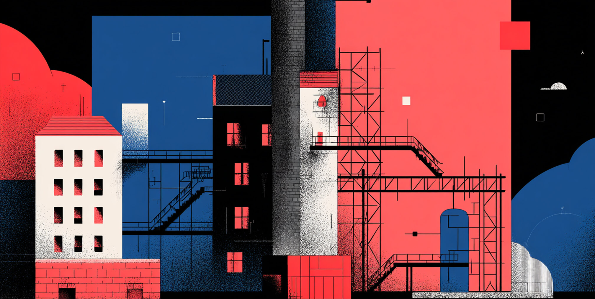 Architectural industrial composition with scaffolding and modular structures, representing the foundational framework systems behind scalable website development and responsive design architecture.