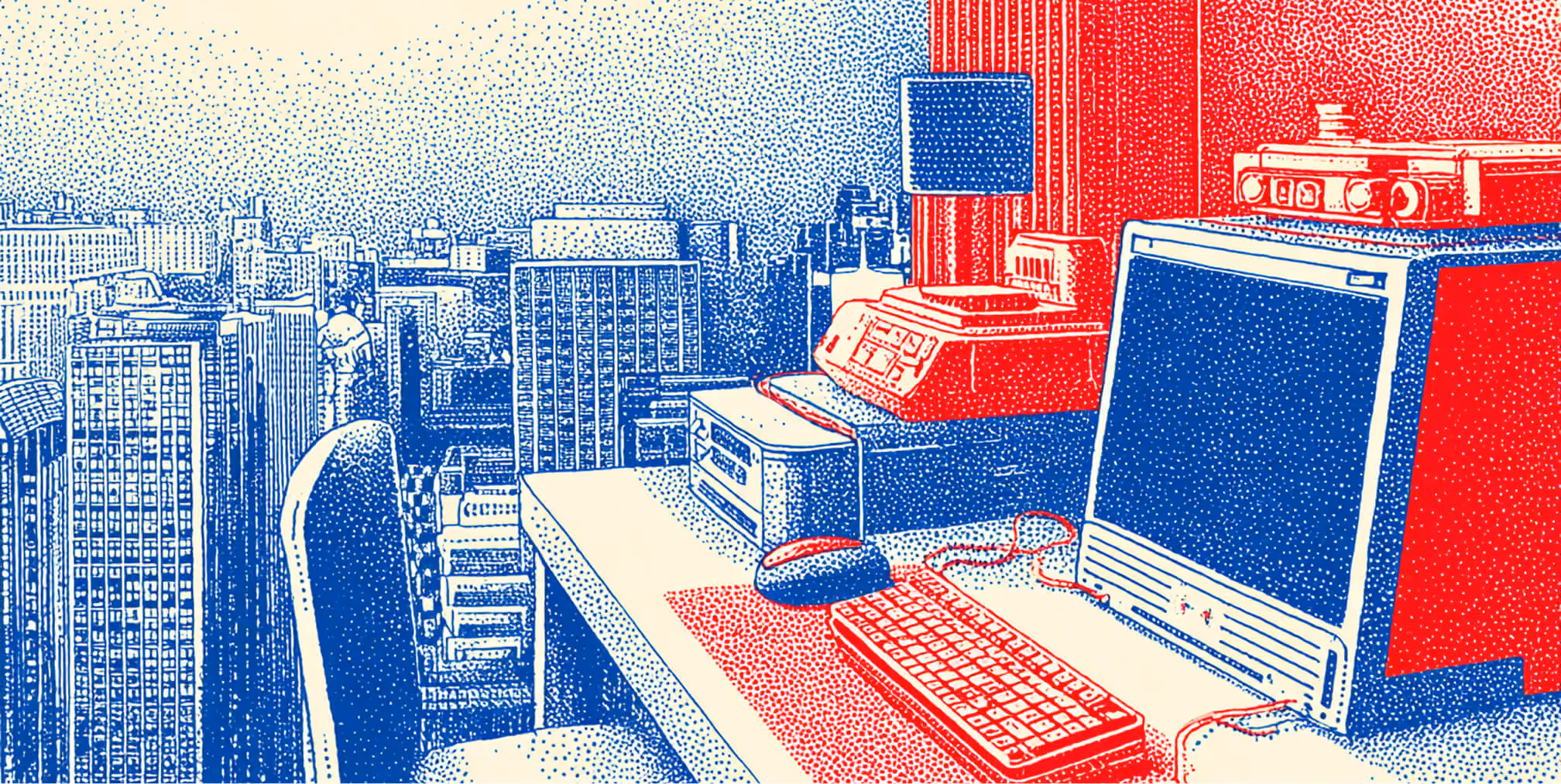 Retro computer workstation overlooking a city skyline, representing the comparison between Webflow and Wix website building environments for modern businesses.