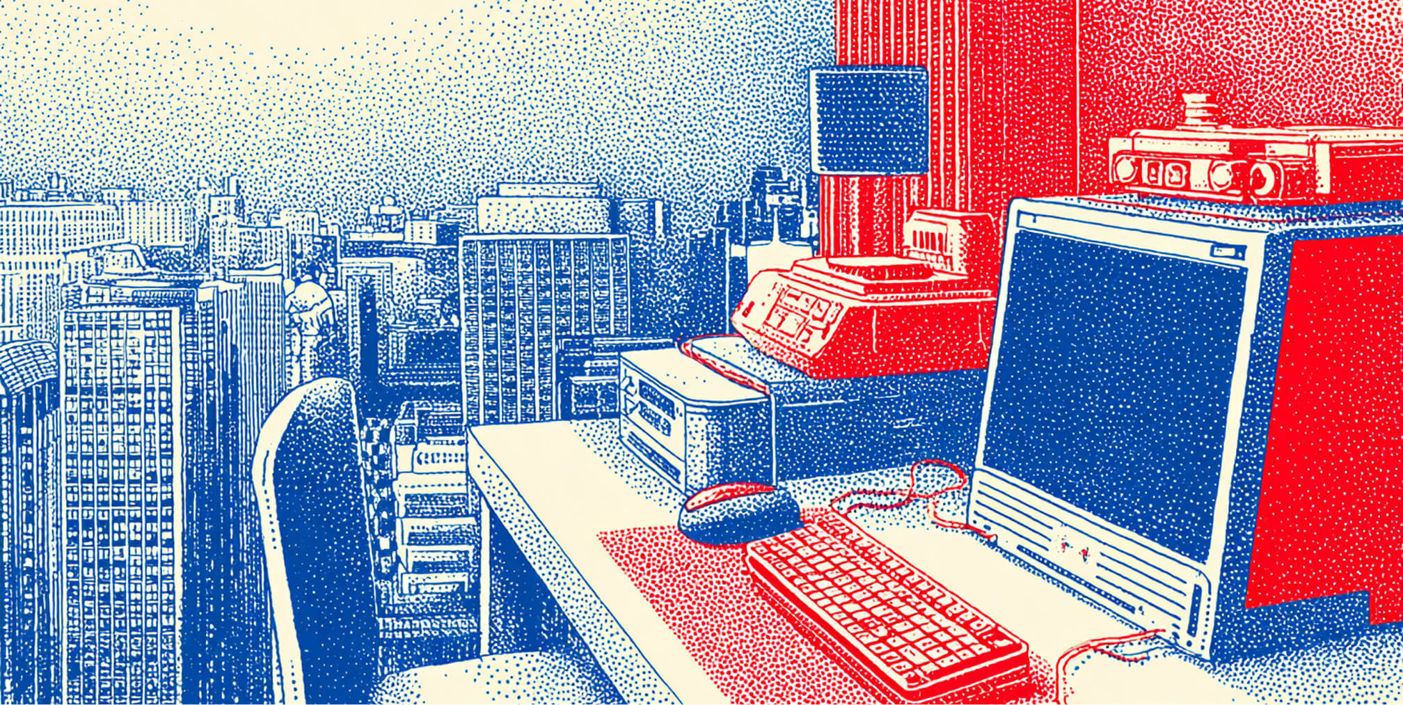 Retro computer workstation overlooking a city skyline, representing the comparison between Webflow and Wix website building environments for modern businesses.