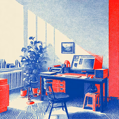 Minimal home office workspace with a desktop setup and creative tools, representing beginner-friendly website builders and streamlined web design workflows.