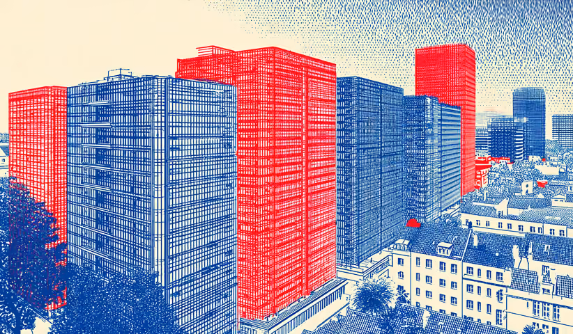 Large commercial office buildings highlighted in contrasting colors, representing enterprise scalability, hosting infrastructure, and business-focused web platforms.