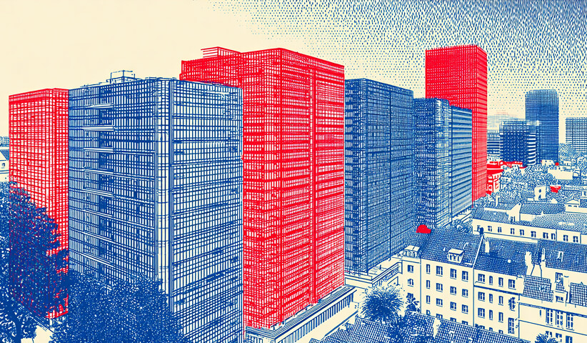 Large commercial office buildings highlighted in contrasting colors, representing enterprise scalability, hosting infrastructure, and business-focused web platforms.