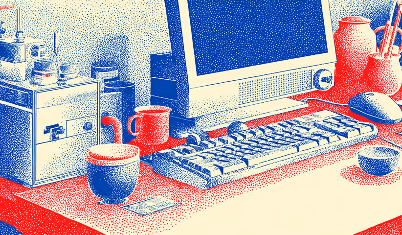 Close-up of a desktop computer and accessories on a workspace desk, representing hands-on website editing, CMS management, and design customization.
