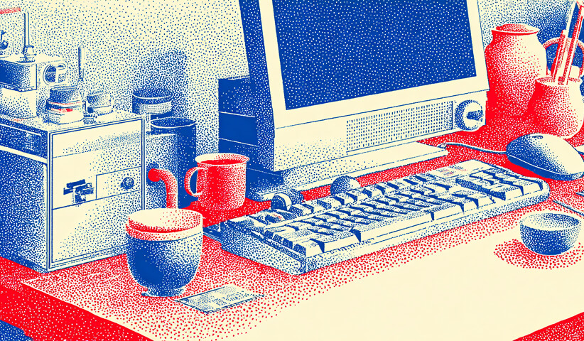 Close-up of a desktop computer and accessories on a workspace desk, representing hands-on website editing, CMS management, and design customization.