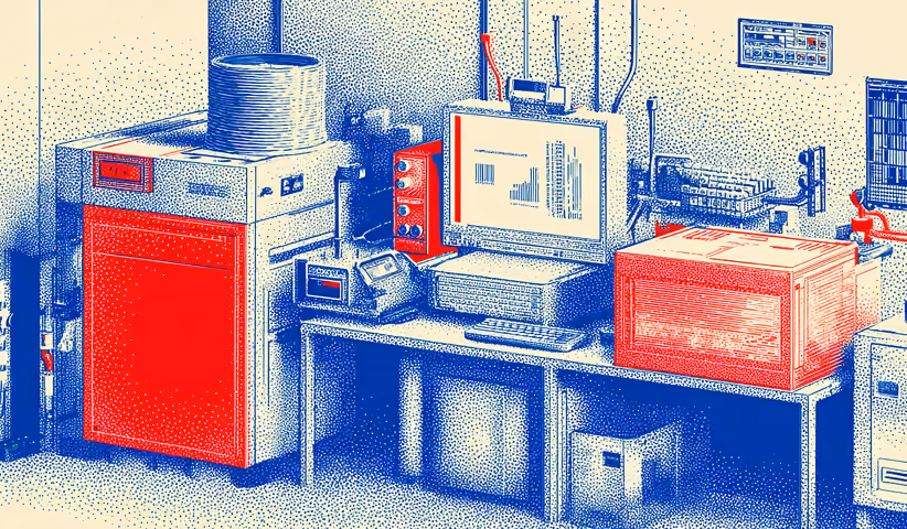 Technical production workspace with machinery and digital analytics screens, representing advanced functionality, integrations, and backend performance systems.
