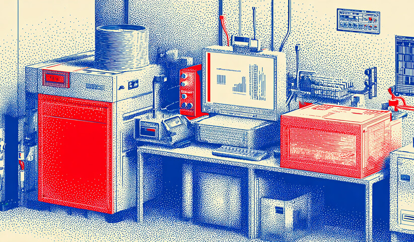 Technical production workspace with machinery and digital analytics screens, representing advanced functionality, integrations, and backend performance systems.