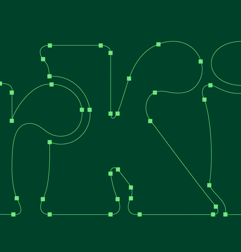 Abstract close-up of the Forkin’ Good logo typography outline in bright green vector paths on a dark green background, highlighting the brand’s custom identity design process.