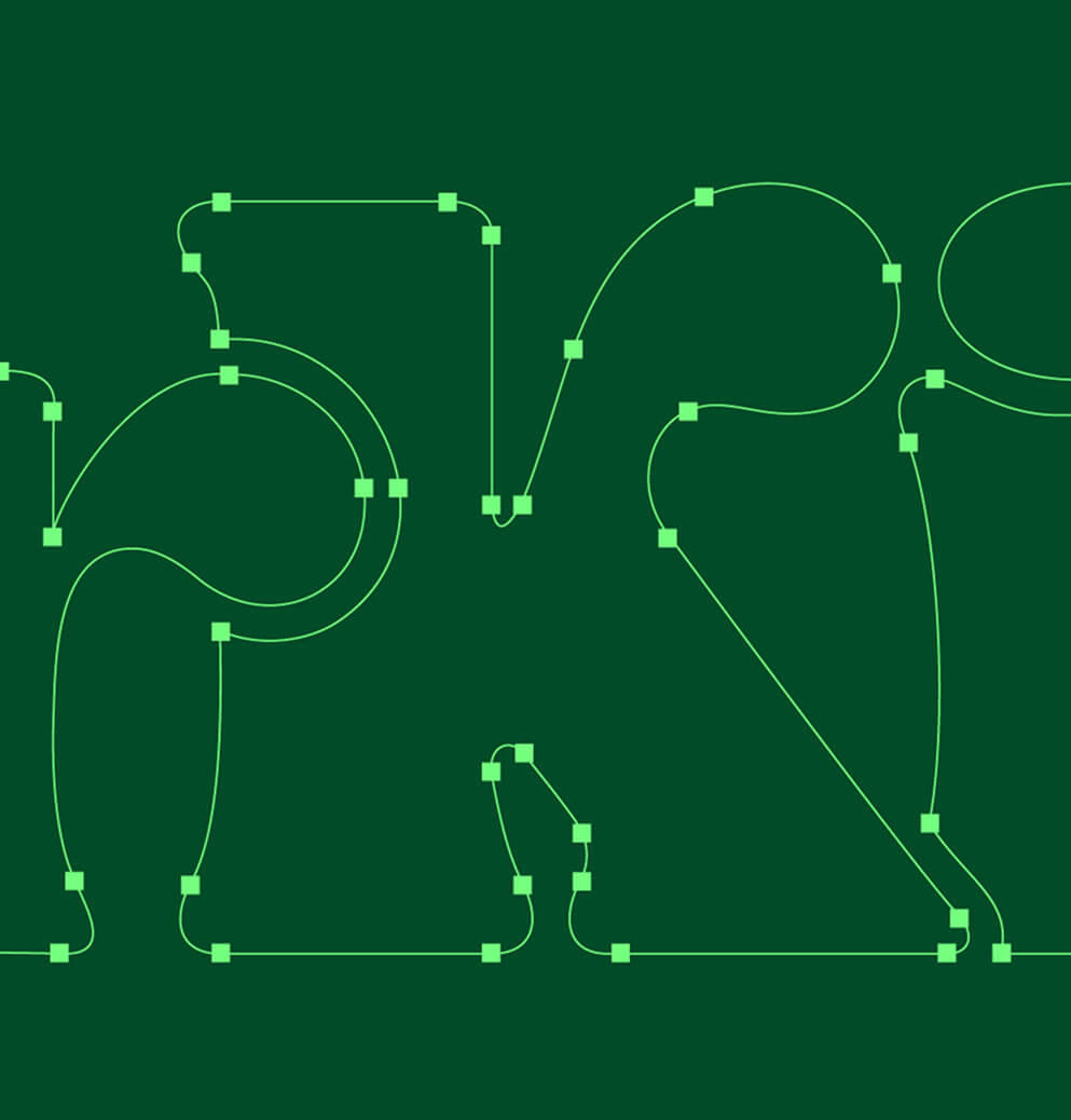 Abstract close-up of the Forkin’ Good logo typography outline in bright green vector paths on a dark green background, highlighting the brand’s custom identity design process.