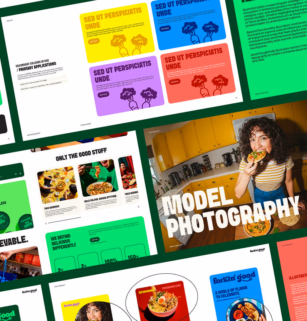 Collage of Forkin’ Good brand assets including website layouts, colorful packaging, social media designs, and lifestyle food photography presented in a modern brand presentation format.