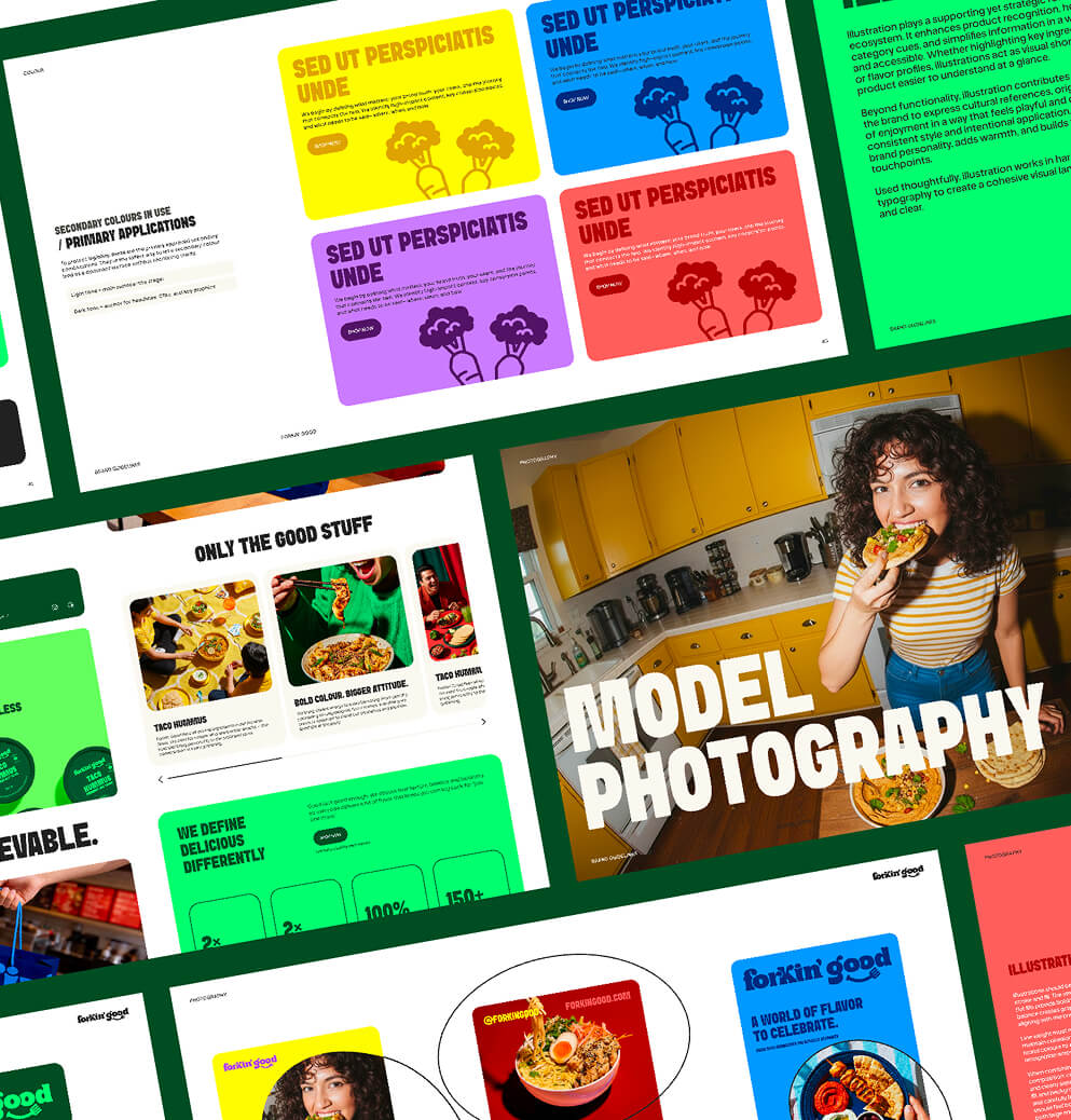 Collage of Forkin’ Good brand assets including website layouts, colorful packaging, social media designs, and lifestyle food photography presented in a modern brand presentation format.
