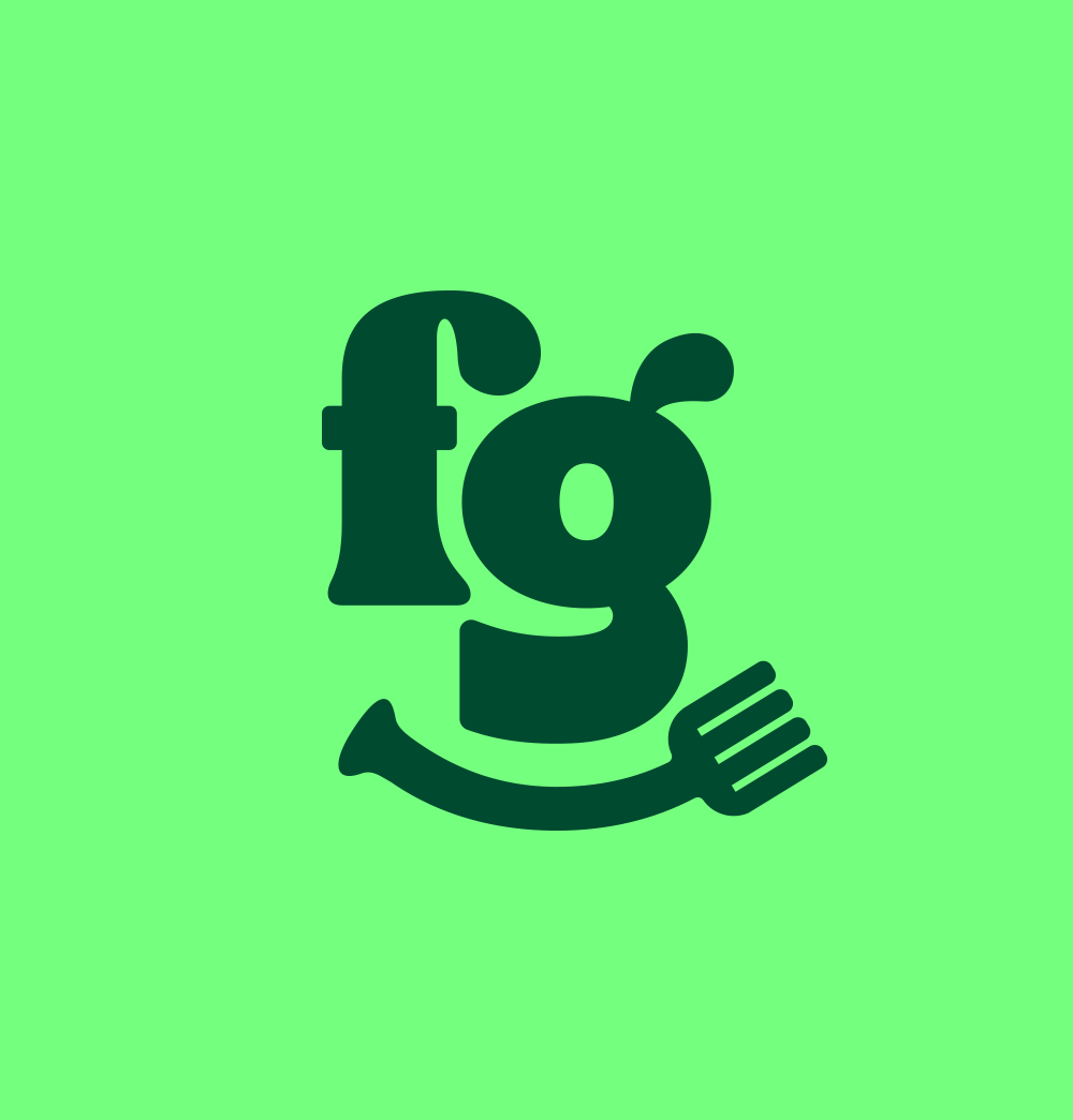 Minimal monogram logo featuring the lowercase letters “fg” in dark green on a bright green background, with a curved fork graphic integrated beneath the typography to create a playful smile shape.