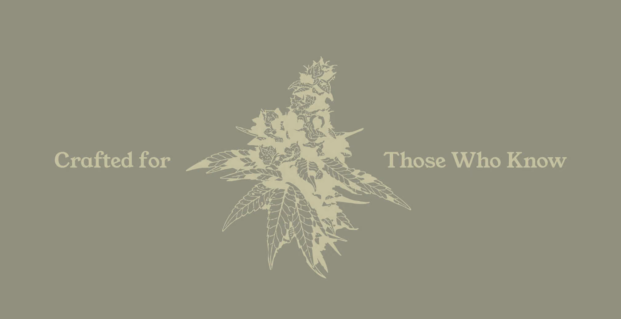 Minimal cannabis brand graphic featuring a detailed cannabis flower illustration with the slogan “Crafted for Those Who Know” on a muted green background.