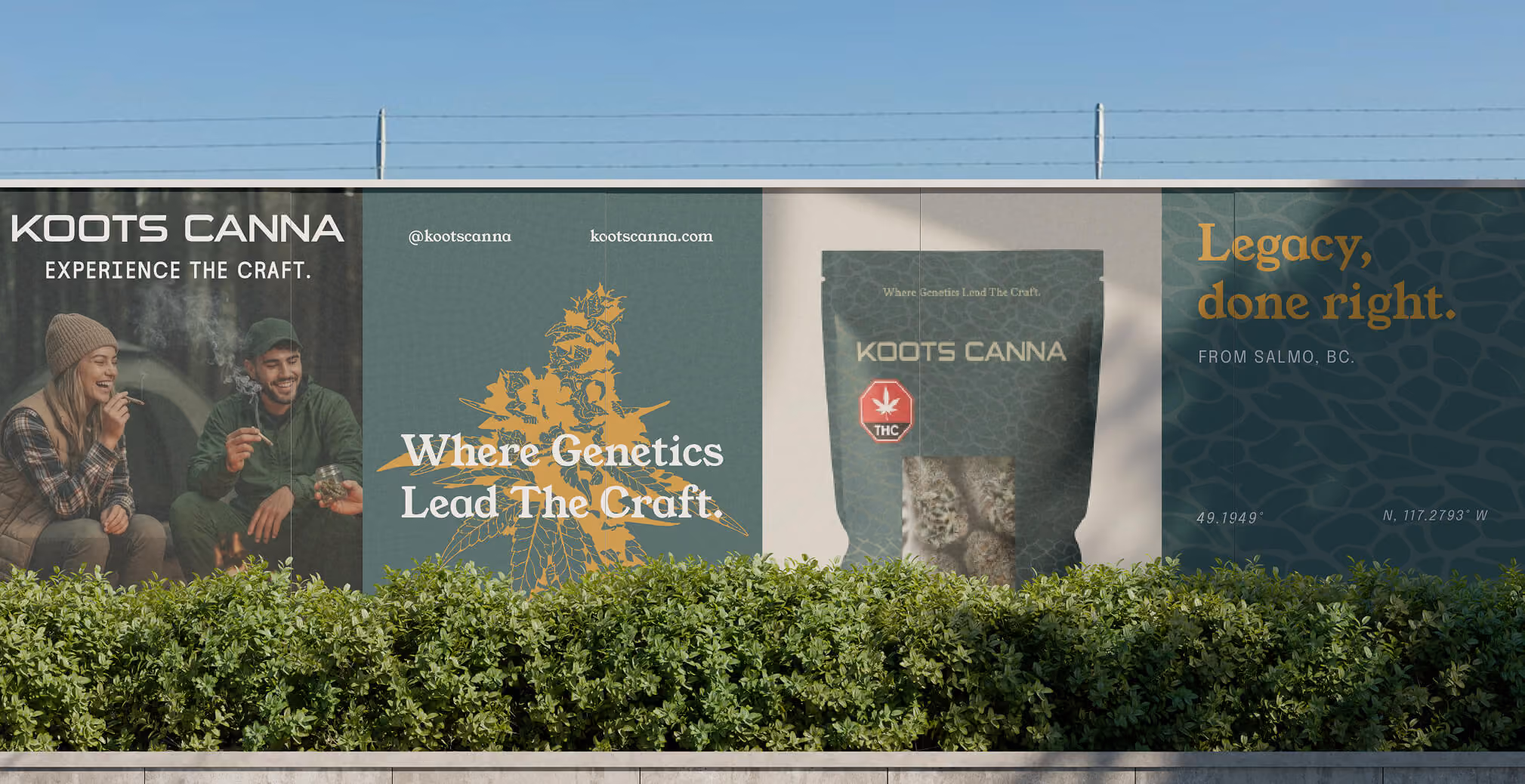 Large outdoor billboard campaign for Koots Canna featuring cannabis packaging visuals, lifestyle imagery, and the slogan “Legacy, done right.”