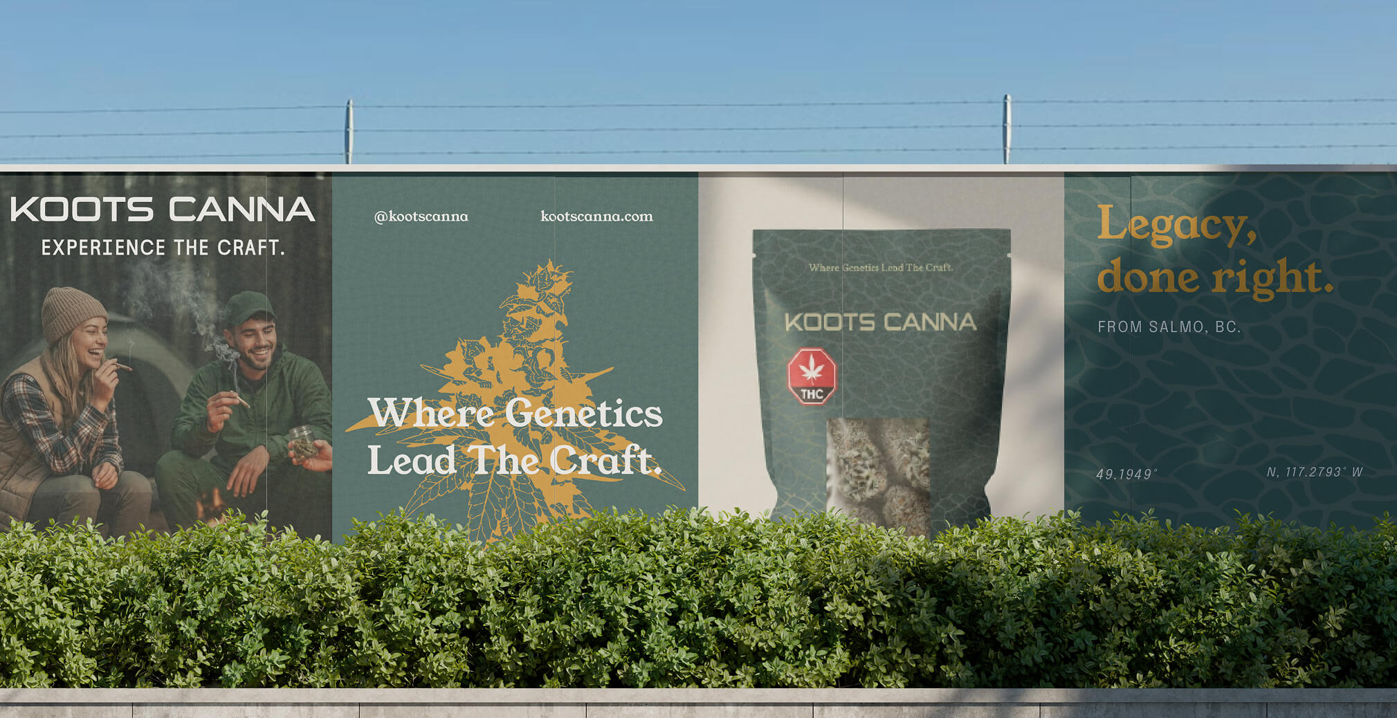 Large outdoor billboard campaign for Koots Canna featuring cannabis packaging visuals, lifestyle imagery, and the slogan “Legacy, done right.”