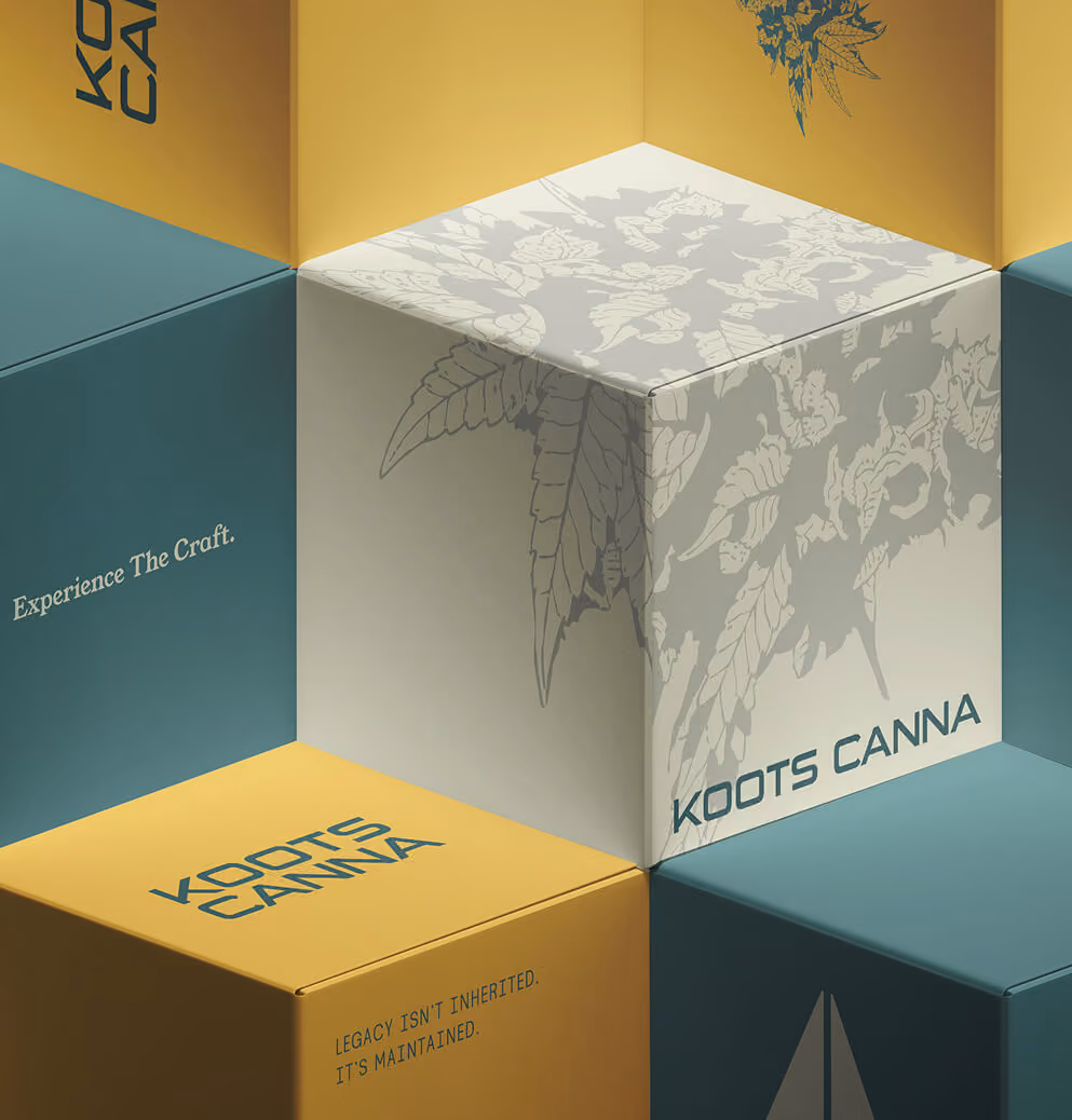 Geometric branded packaging display featuring Koots Canna logos, cannabis-inspired floral illustrations, and bold teal and gold color blocking.