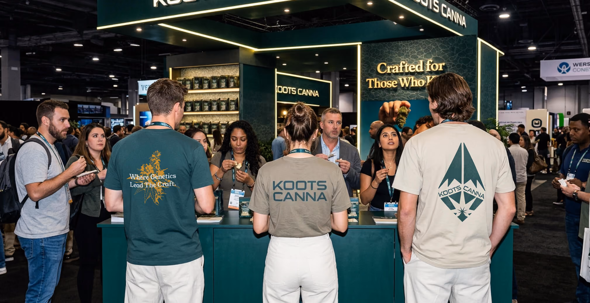 Koots Canna trade show booth with branded apparel, illuminated signage, cannabis product displays, and attendees interacting at the event.