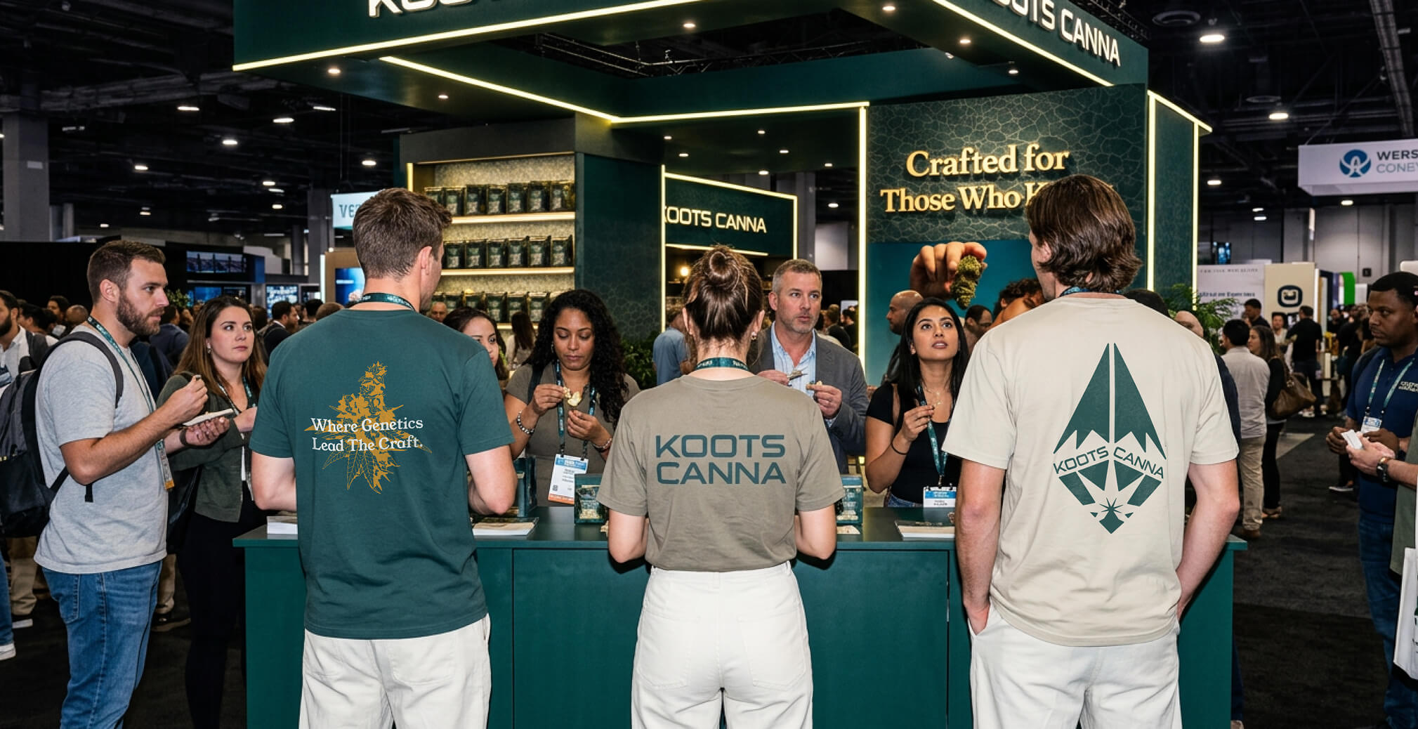 Koots Canna trade show booth with branded apparel, illuminated signage, cannabis product displays, and attendees interacting at the event.