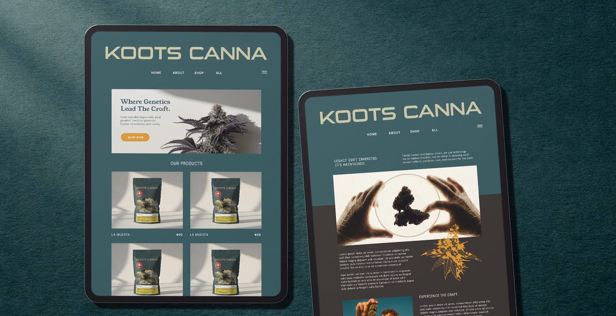Tablet mockups displaying the Koots Canna e-commerce website design with product listings and cannabis branding visuals.