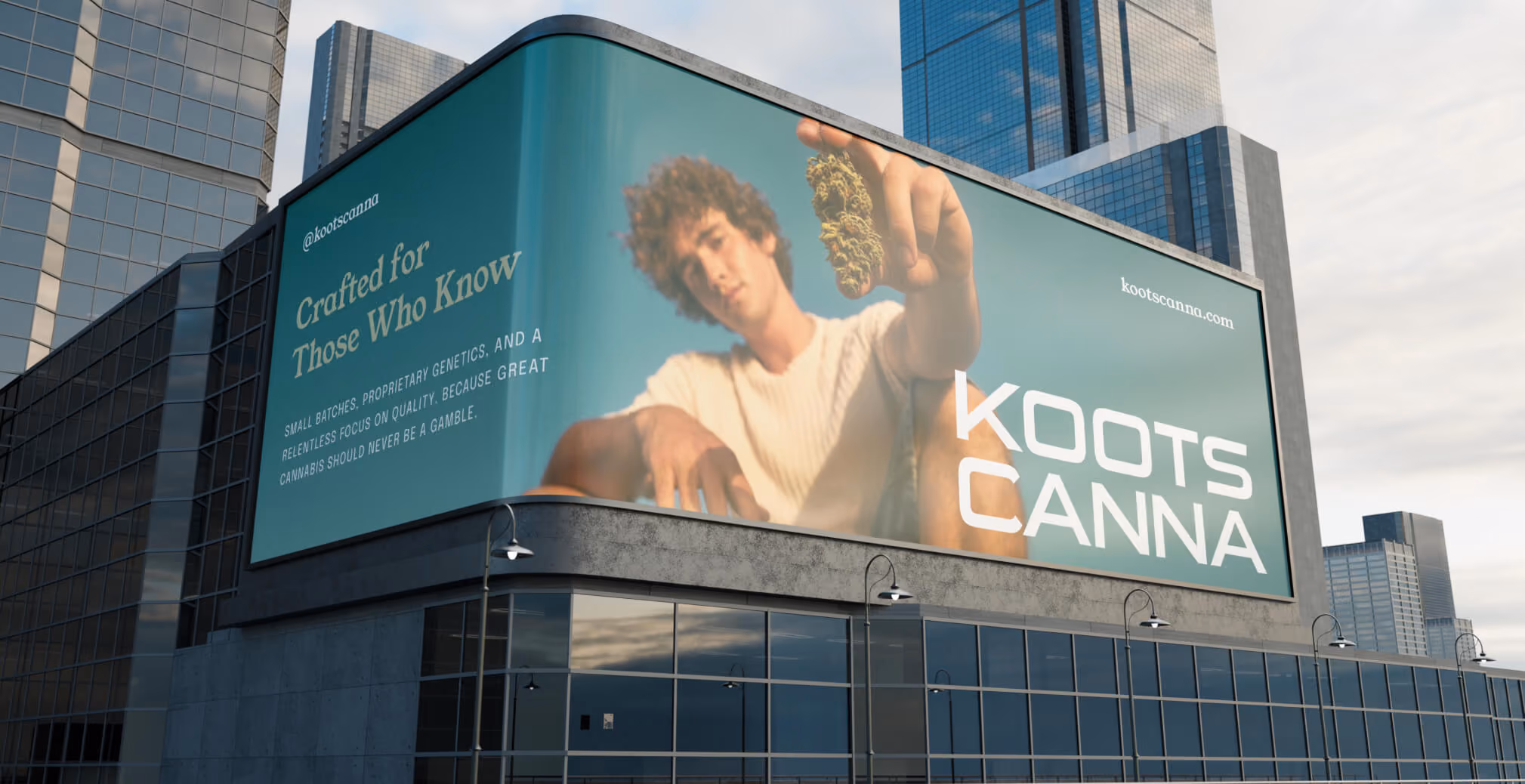 Large urban billboard advertisement for Koots Canna featuring lifestyle photography, cannabis flower imagery, and premium craft cannabis messaging.