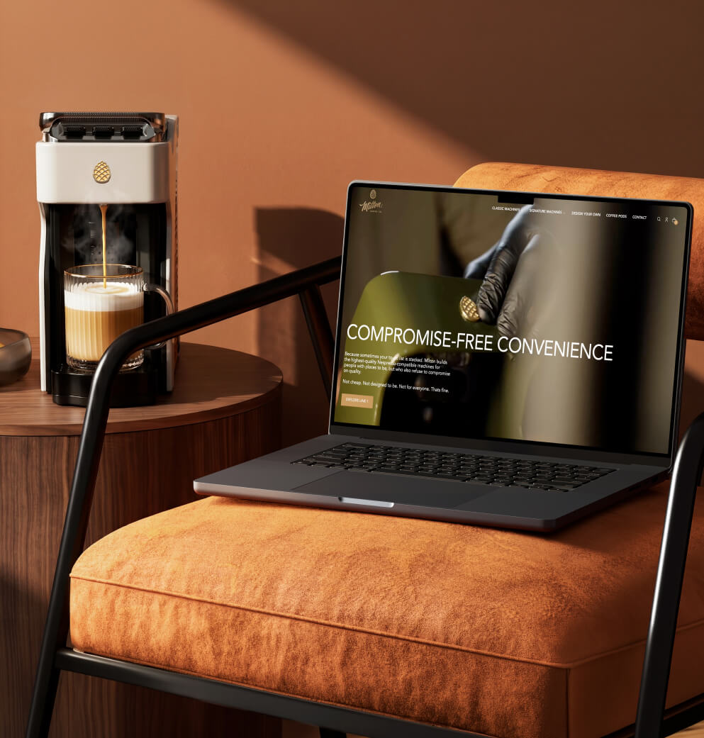 Milton Coffee website displayed on a laptop beside a luxury coffee machine, showcasing integrated branding, web design, and premium product experience.