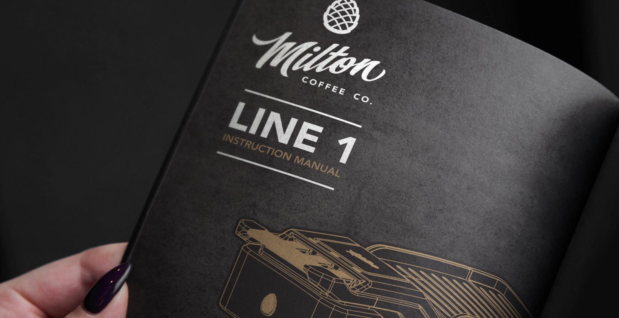 Branded Milton Coffee instruction manual featuring technical product illustrations and premium packaging design details.