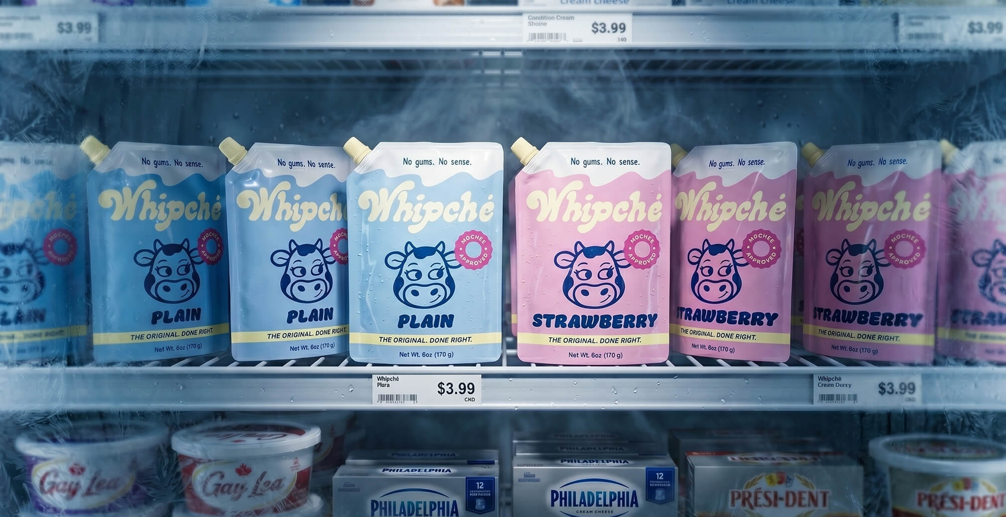 Whipché cream cheese products displayed in a refrigerated grocery store shelf, showcasing retail packaging design and product merchandising.