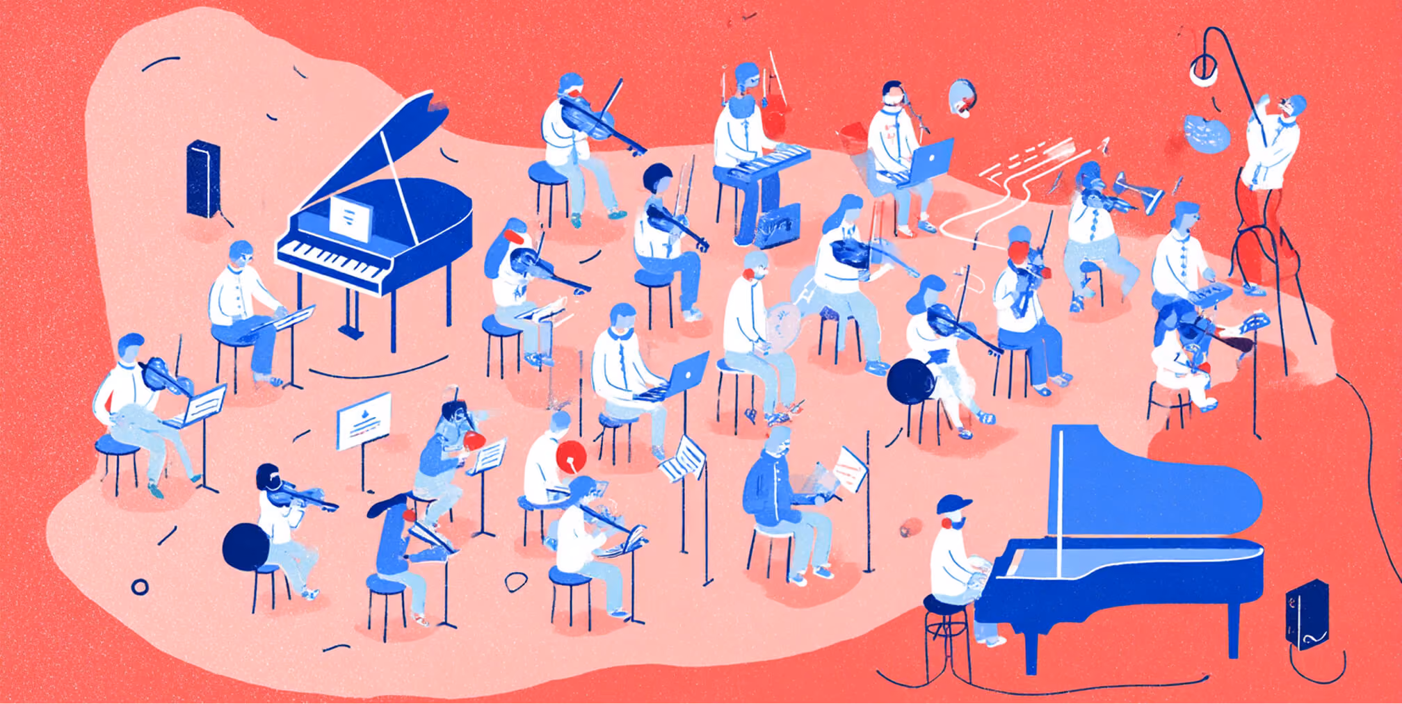 Illustration of a hybrid orchestra where musicians perform alongside laptops and digital tools, symbolizing the collaboration of design, content management, and technology in modern website platforms.