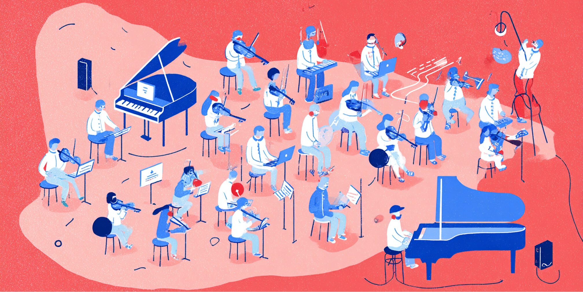 Illustration of a hybrid orchestra where musicians perform alongside laptops and digital tools, symbolizing the collaboration of design, content management, and technology in modern website platforms.