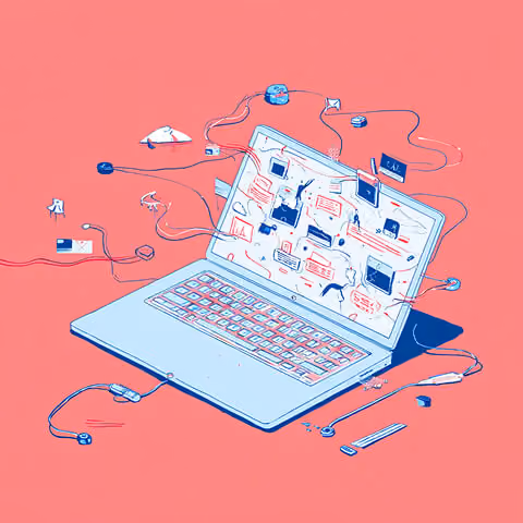 Open laptop surrounded by connected devices, wires, and interface elements, illustrating the complexity and flexibility of website ecosystems.