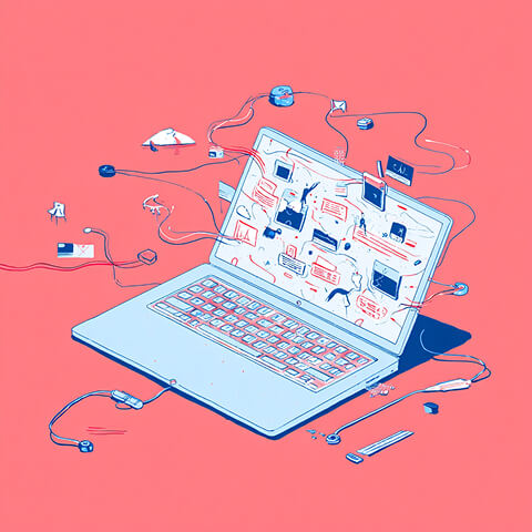 Open laptop surrounded by connected devices, wires, and interface elements, illustrating the complexity and flexibility of website ecosystems.
