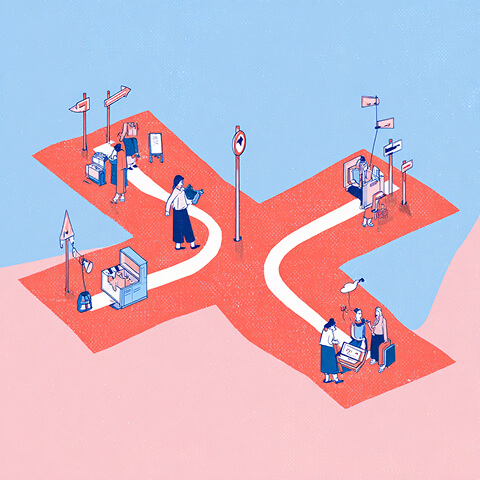Crossroads with multiple paths and signposts, symbolizing the decision-making process when choosing between Webflow and WordPress.